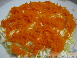 Салат "Мимоза" с рисом: 3 слой - тертый сыр и сеточка майонеза;  4 слой - тертый белок и сеточка майонеза;  5 слой - морковь и сеточка майонеза;