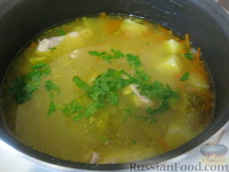 Суп куриный с брокколи в мультиварке: Суп куриный с брокколи в мультиварке готов. Помыть и мелко нарезать зелень. При подаче положить в суп зелень.