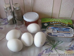 Яйца, фаршированные печенью трески: Продукты, чтобы приготовить  яйца, фаршированные печенью трески.
