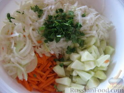 Салат из капусты кольраби с морковью и яблоками: Зелень помыть и мелко нарезать. Все ингредиенты сложить в миску.