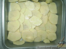 Запеканка мясная "Сытная": Сырой картофель очищаем и нарезаем тонкими кружочками.  На дно смазанной растительным маслом формы укладываем нарезанный картофель, солим.