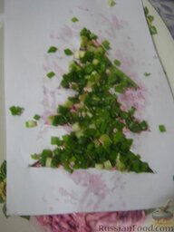 Салат «Царская шуба»: 6 слой - красная и черная икра;  Украсить салат «Царская шуба» по вкусу (например, елочка из резанного зеленого лука).