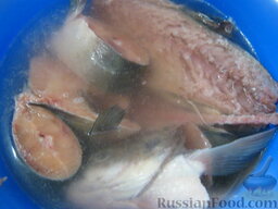 Заливное "Рыбное ассорти": Как приготовить рыбное заливное:    Рыбу почистить от чешуи, Выпотрошить, вынуть жабры. Промыть хорошо, замочить в холодной воде на полчаса. Затем разрезать на кусочки.