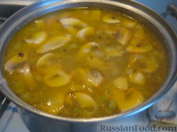 Суп грибной со свининой: Когда перловка готова, выложить в суп зажарку. Посолить, поперчить. Варить грибной суп со свининой под крышкой 5-7 минут.