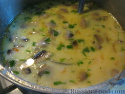 Сырный суп с фрикадельками: Варить сырный суп с фрикадельками на самом маленьком огне под крышкой 10 минут. Помыть и мелко нарезать зелень. Добавить перед подачей в суп.