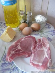 Свиные стейки на кости, под сыром: Продукты для приготовления свиного стейка на кости перед вами.