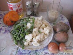 Рисовый суп с цветной капустой и спаржевой фасолью: Продукты для рисового супа из цветной капусты перед вами.