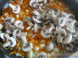 Фасоль тушеная с грибами: Разогреть сковороду, налить растительное масло. В горячее масло выложить лук, грибы и морковь. Тушить на небольшом огне, помешивая, 7-8 минут.
