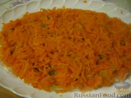 Селедка под шубой с семгой и красной икрой: Второй слой: нарезанная кусочками селедка + семга. Сверху (по желанию) выложить зеленый лук.  Третий слой: морковь, присолить + сетка майонеза.
