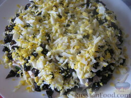 Салат из курицы с черносливом "Дамский каприз": 4 слой - яйца. Немного присолить, сделать сетку майонеза.