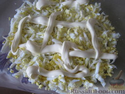 Слоеный салат с тунцом: Собрать слоеный салат с тунцом.   1 слой - половина яиц. Присолить, сделать сетку майонеза.