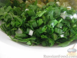 Куриные оладьи с зеленью и сыром: Помыть и нарезать зелень и зеленый лук.