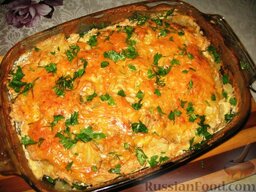Шинк-лода (картофельная запеканка): Готовую запеканку можно посыпать слегка зеленью. Подавать картофельную запеканку с овощным салатом.