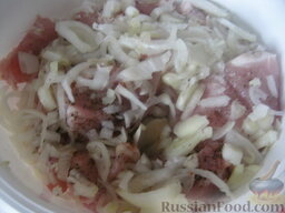 Шашлык в рукаве (из свинины): Подготовленный лук добавить к мясу, посолить, поперчить.  Добавить сахар и специи.