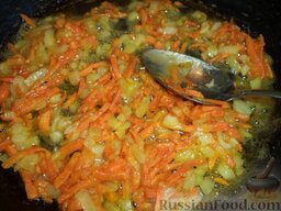 Рыбный суп из скумбрии: Разогреть сковороду, налить растительное масло. Выложить в горячее масло лук и морковь. Тушить, помешивая, на среднем огне около 3-4 минут. Добавить томат-пасту. Перемешать. Тушить 1 минуту.