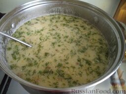 Нежный куриный суп с плавленым  сыром и овощами: Помыть и нарезать зелень. Выложить в суп. Дать настояться под крышкой 10-15 минут.