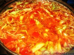 Июньский борщ: Добавить в кастрюлю фасоль, капусту и обжаренные овощи. (Добавить отварное мясо.)  Довести до кипения, посолить по вкусу. Варить 5-7 минут.