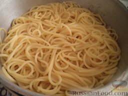 Спагетти с сыром и яйцами: Готовые спагетти откинуть на дуршлаг, дать стечь воде ( макароны твердых сортов не промывают).