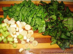 Соус из шпината и свекольной ботвы: Вымыть свекольные листья и шпинат. Порезать их. Порезать лук-порей.