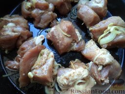 Шашлык свиной в духовке: Противень смазать растительным маслом. Выложить мясо.