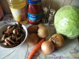 Тушеная молодая капуста с грибами и картофелем: Продукты для рецепта перед вами.