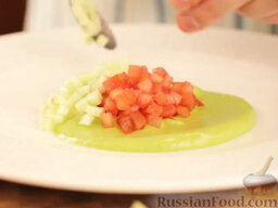 Салат из морепродуктов с соусом из авокадо: Выложить на тарелку соус. Аккуратно распределить его по тарелке. Выложить на соус овощи.
