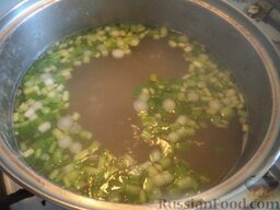 Грибной суп с картофелем и солеными огурцами: В кастрюлю выложить лук зеленый.