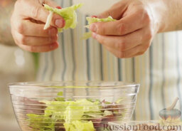 Салат с голубым сыром и заправкой "Винегрет": Смешиваем листья салата, айсберг рвем руками на кусочки. (Или используем готовую смесь салатных листьев - 70-100 г.)