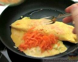 Морковный омлет: Вылить оставшиеся яйца и высыпать оставшуюся морковь.