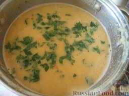 Суп-пюpe из чечевицы: Перед подачей выложить зелень в суп. Суп-пюpe из чечевицы готов.