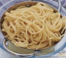 Спагетти с петрушкой и сыром: 2. Откинуть спагетти на дуршлаг, дать воде стечь, а затем переложить спагетти в сервировочную миску.