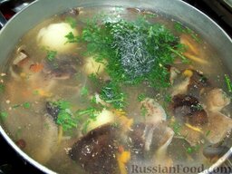 Суп из замороженных грибов: В конце варки прибавьте зелень, поварите 5 минут и выключите огонь.  Из готового супа шумовкой извлеките вареный лук и выбросите его (он в супе не нужен, необходимо было, чтобы он отдал супу только свой вкус).    Приятного аппетита!