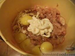 Куриные оладушки с плавленым сыром: Все ингредиенты поместить в миску. Посолить, поперчить. Вбить яйца. Добавить майонез.