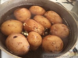 Картофельники с куриным мясом: Картофель хорошо вымыть, залить в казанке водой. Поставить казанок на огонь, довести до кипения. Варить на среднем огне до готовности, 20-30 минут. Воду слить. Картофель охладить.