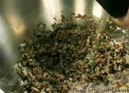 Мидии с грибами: В миску положить грибы, добавить базилик, орегано, лук и чеснок. Посолить и поперчить. Перемешать.