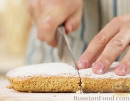 Испанский миндальный пирог: Горячий пирог аккуратно снять с пергамента. Охладить. Посыпать миндальный пирог сахарной пудрой.