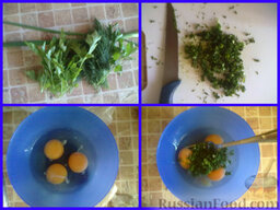 Биточки в панировке (куриные отбивные): Зелень очень мелко нарезать.  Добавить в приготовленную миску с яйцами. Тщательно перемешать, добавив немного соли.