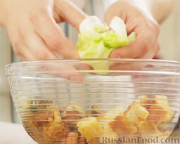 Грибной салат: Листья айсберга вымыть, обсушить, порвать на кусочки, доабвить в миску.