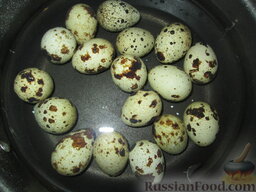 Фаршированные перепелиные яйца: Яйца перепелок закладываем в холодную соленую воду, доводим до кипения и варим 5 минут. Сразу помещаем под проточную холодную воду, пока яйца полностью не охладятся.