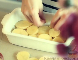 Картофельный гратен в сливочном соусе: Выложить еще слой картофеля. Полить его оставшимся соусом.