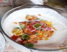 Десерт "Битое стекло": Мармелад и цукаты всыпать в сметану. Перемешать.