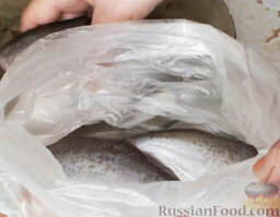 Речная рыба жареная: Рыбу сложить в пакет с мукой и специями.