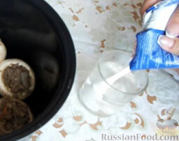 Фаршированные грибы с курицей (в мультиварке): В стакане смешать воду и сметану.