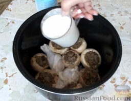 Фаршированные грибы с курицей (в мультиварке): Залить полученной смесью шампиньоны.