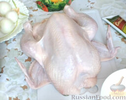 Курица, запеченная под чесночно-горчичным соусом: Вымыть курицу, обсушить.
