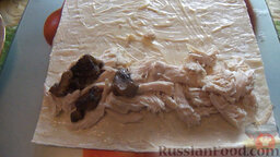 Кроллы домашние (рулеты из лаваша): 3. Разобрать сваренное филе на волокна и выложить его вместе с грибами на лаваш.