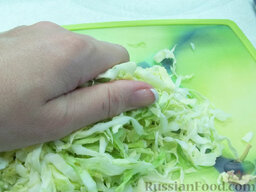 Салат с консервированной  рыбой и свежими овощами: Все овощи помоем и начнем готовить салат. Капусту нашинкуем, заправим солью, пожмем руками, чтоб она пустила сок, и положим в посуду, в которой будет удобно мешать салат.
