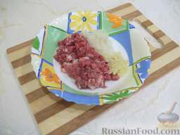 Картофельные лодочки: Мясо, луковицу и чеснок перекрутите на мясорубке. Добавьте соль, черный молотый перец и хорошо перемешайте фарш.