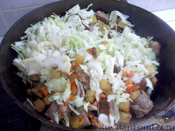 Тушеное мясо с овощами и яблоками: Затем сразу же добавьте помытую и нашинкованную капусту.