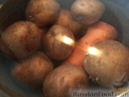 Салат из картофеля и кальмаров: Как приготовить салат с кальмарами и картофелем:    Картофель, морковь хорошо вымыть. Овощи залить холодной водой, довести до кипения, отварить в мундире до готовности (25-30 минут). Воду слить. Охладить.